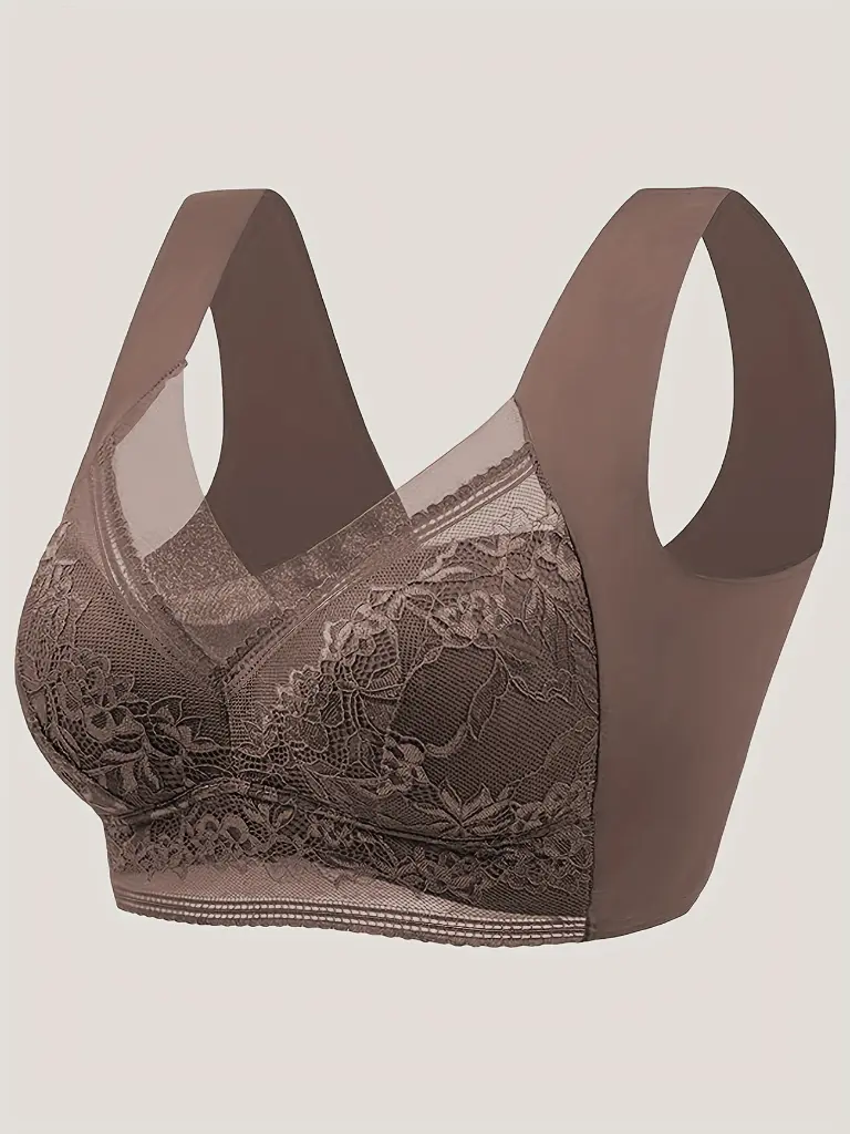 1pc Women's Seamless Mesh Lace Bra - Elegant Contrast Lace Design.