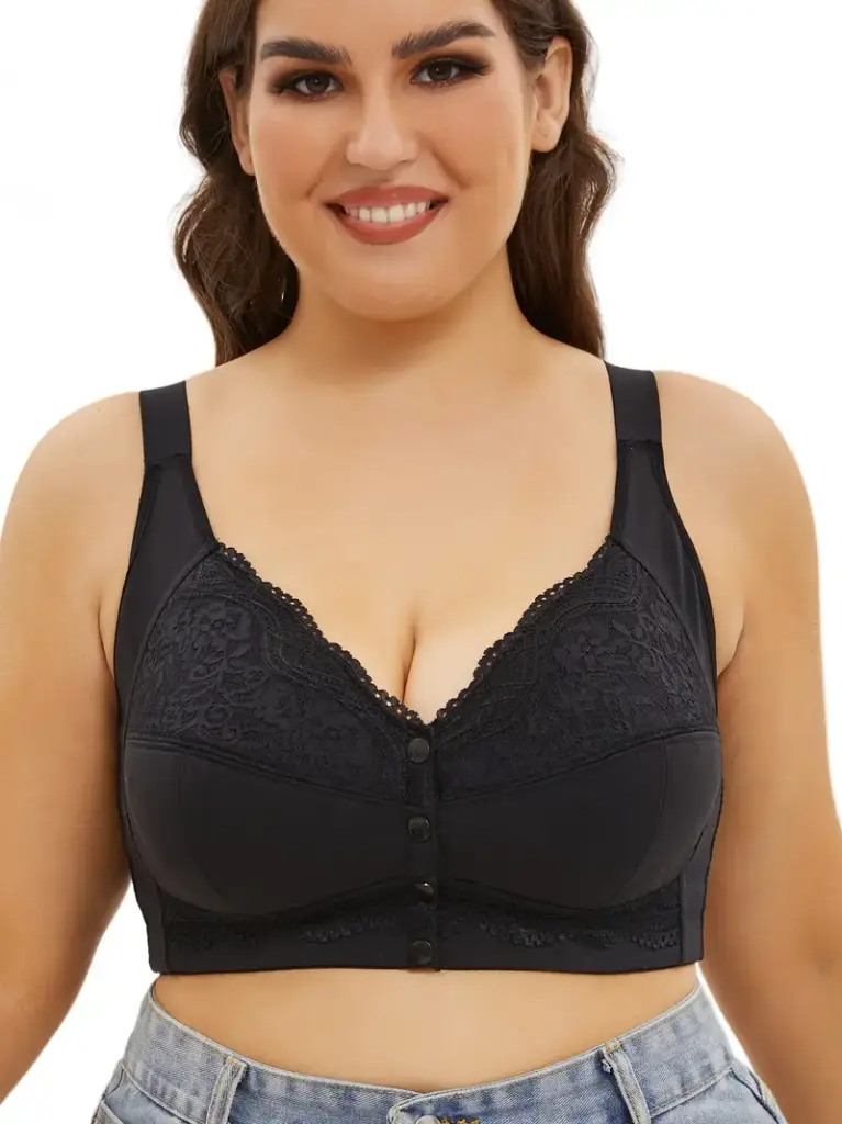 Plus Size Lace Front Closure Underwear for Women, No Steel Ring, Adjustable Shoulder Straps, Comfortable Bra
